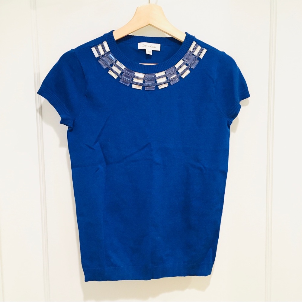 ⭐️ Calvin Klein Blue Knit Top Embellished Neckline S - Picture 1 of 5